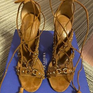 EUC AQUAZZURA 36.5/6.5 TULUM SANDAL HEEL COGNAC